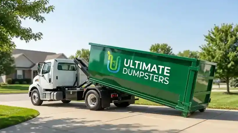 Ultimate Dumpsters roll-off truck delivering a green dumpster